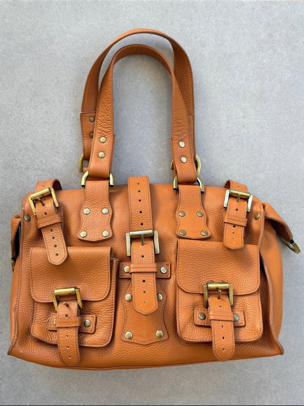 Mulberry Orange-Tan Pebbled Leather Satchel with Buckle Pockets